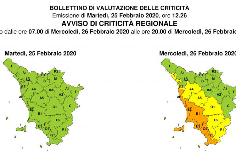 Allerta meteo arancione per mercoledì 26 febbraio