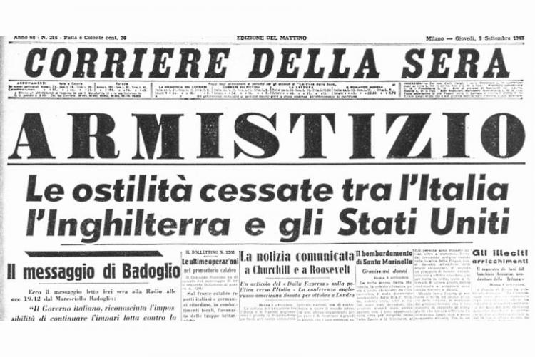 Prima pagina del Corriere della Sera del 9 settembre 1943